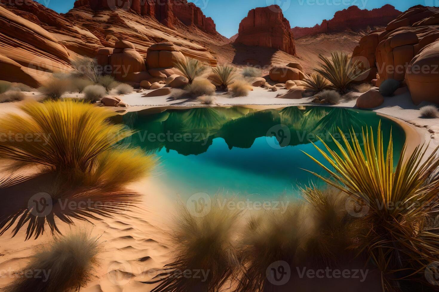 A pool in the desert with plants and rocks photo