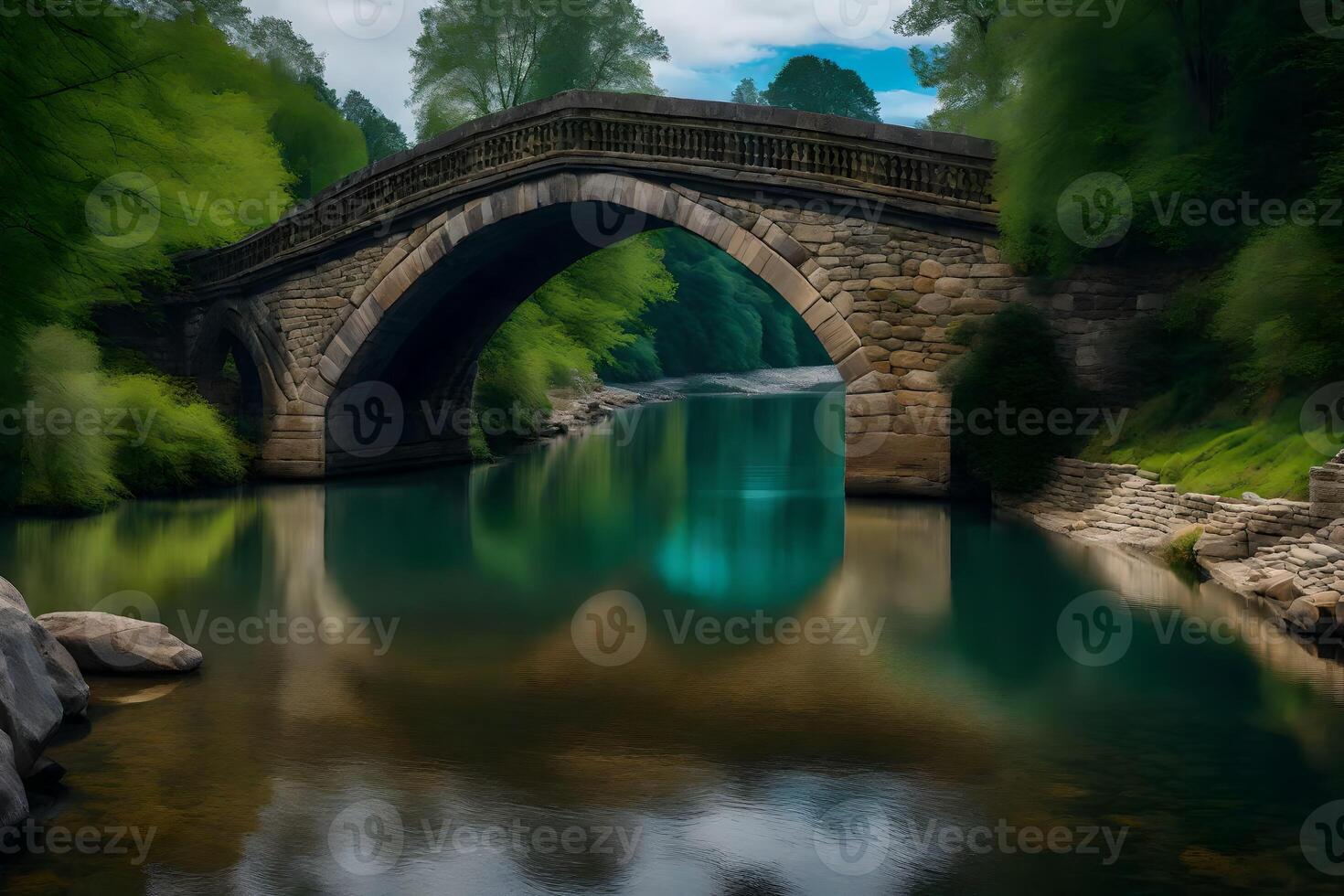 A bridge over a river in the woods photo