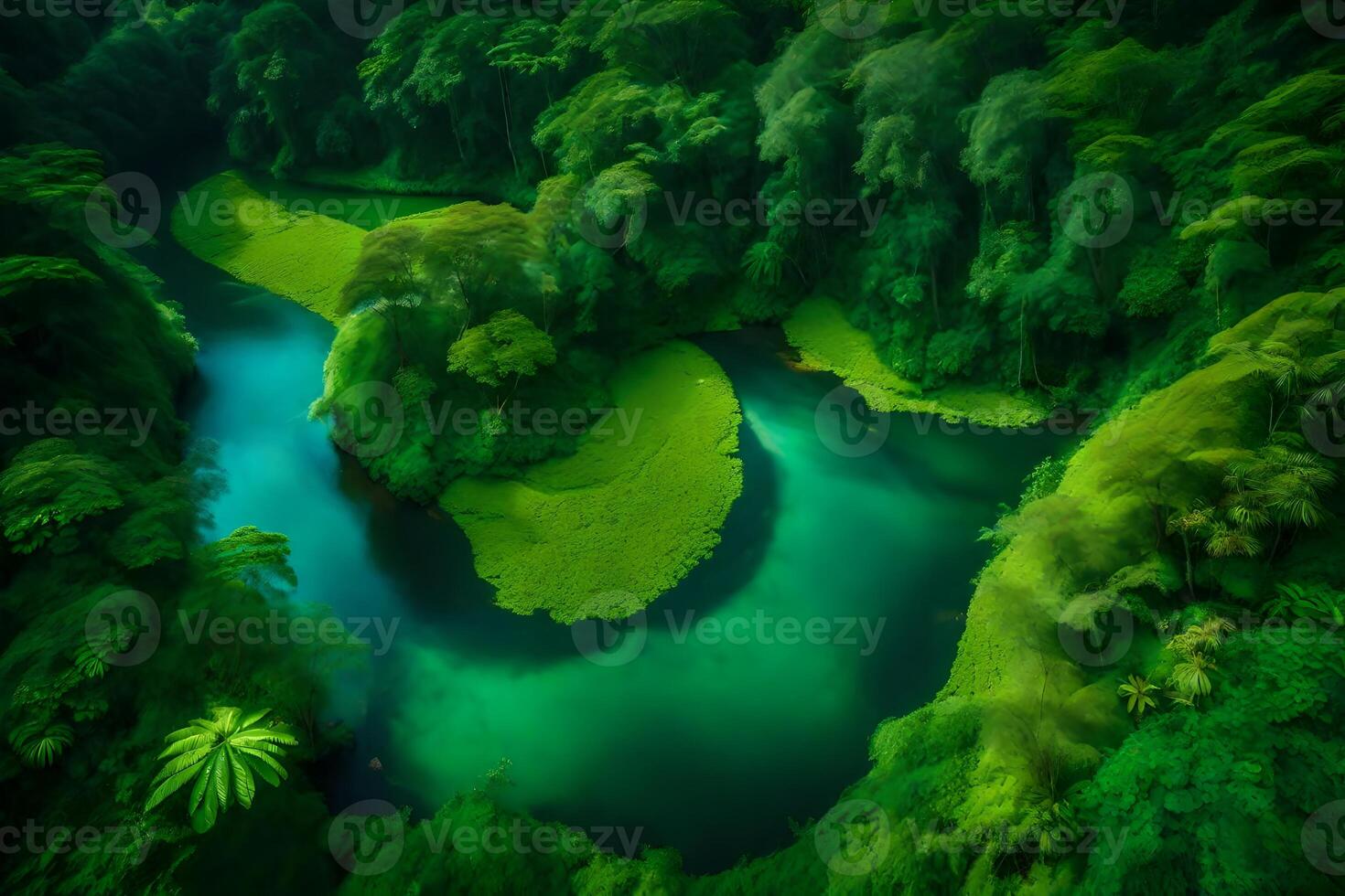 An aerial view of a river surrounded by lush green trees photo