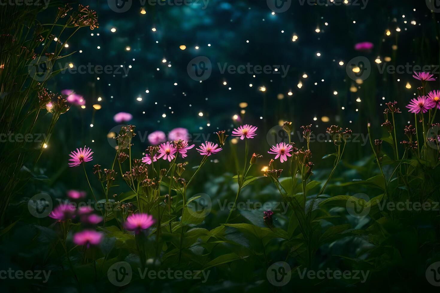 Pink flowers in the dark with fireflies photo