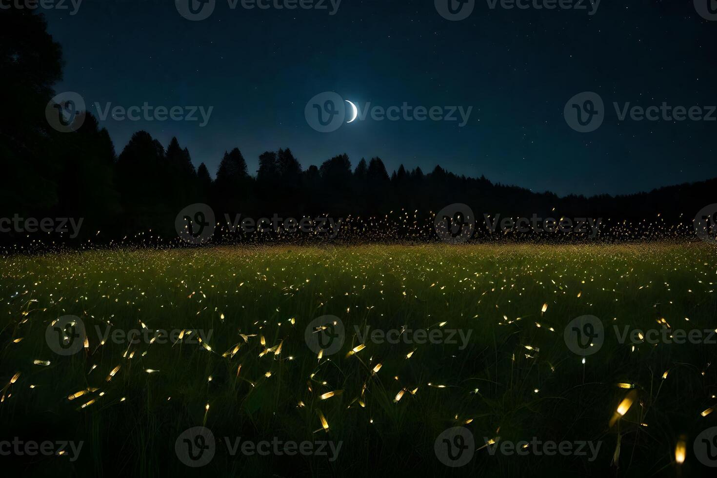 Fireflies in a field at night with the moon in the background photo