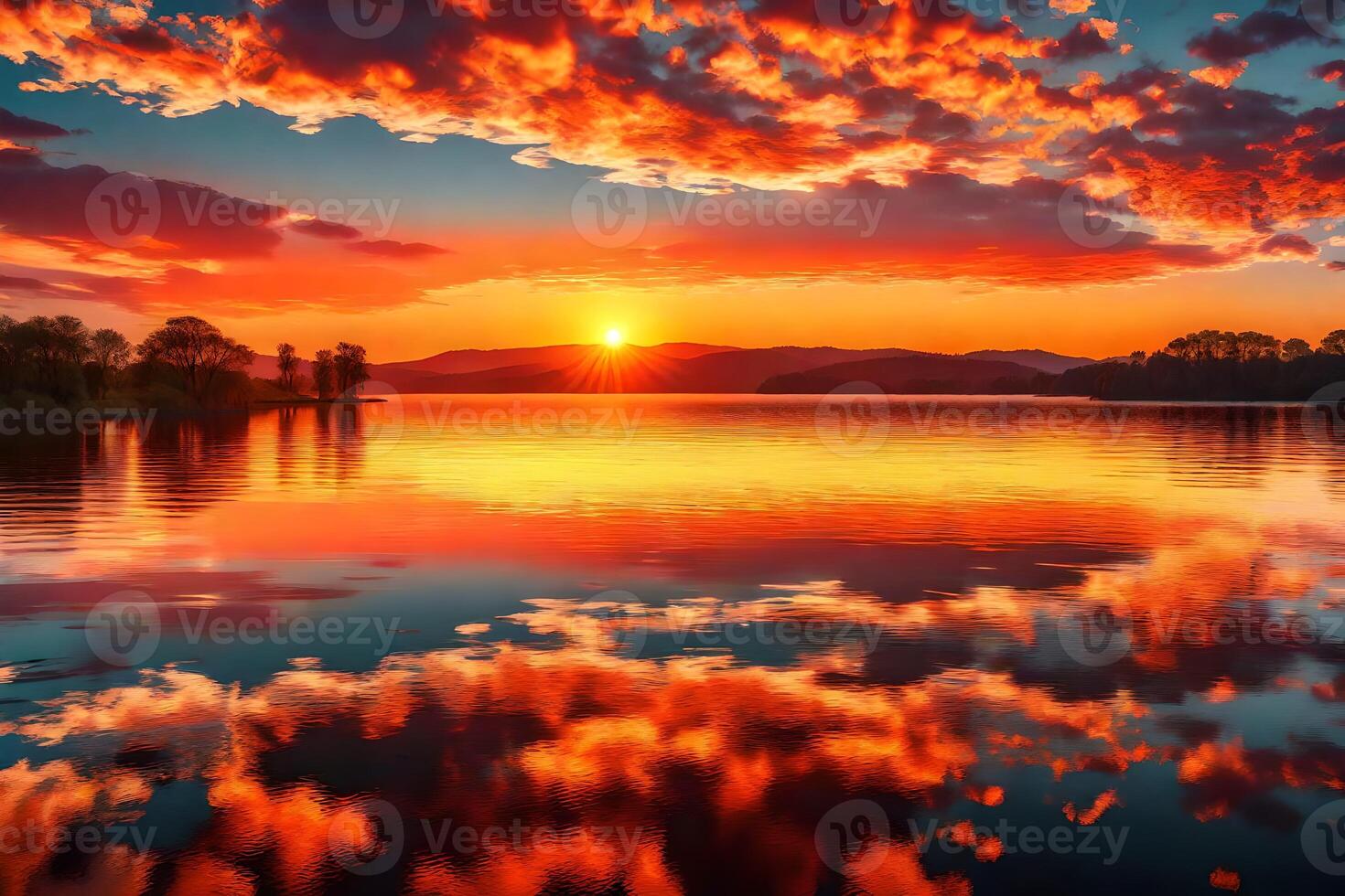 Sunset over lake with clouds and trees photo