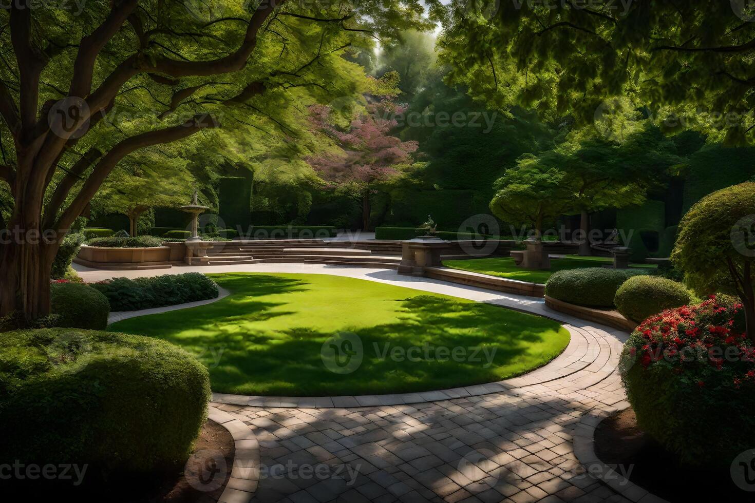 A garden with a circular path and trees photo