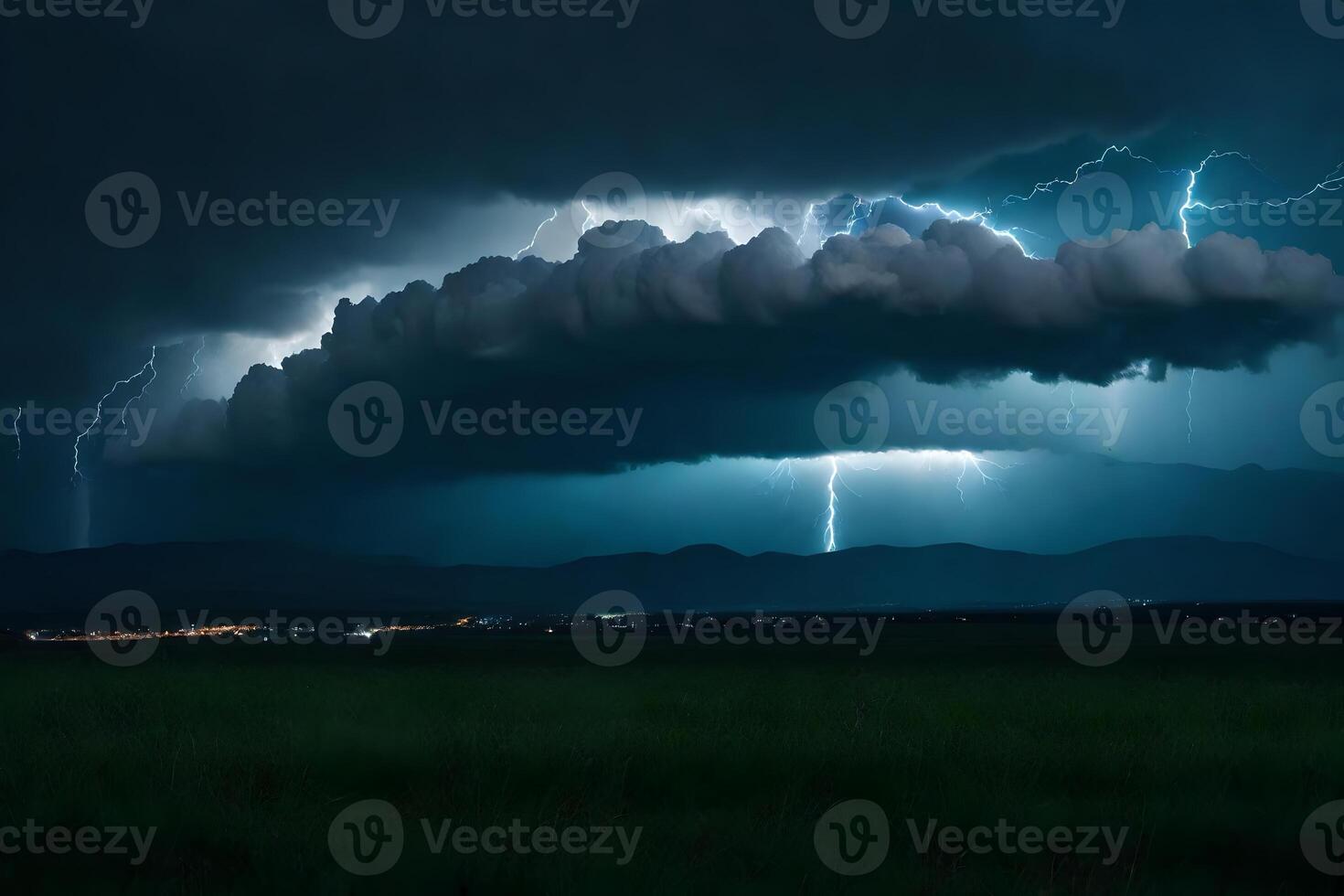 A large cloud of lightning is seen over a field photo