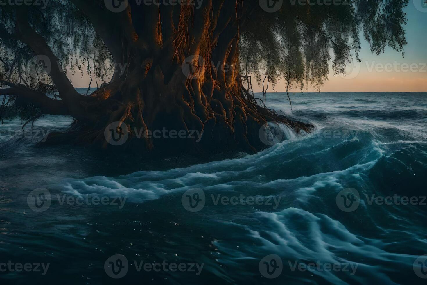 A tree in the ocean with waves crashing over it photo