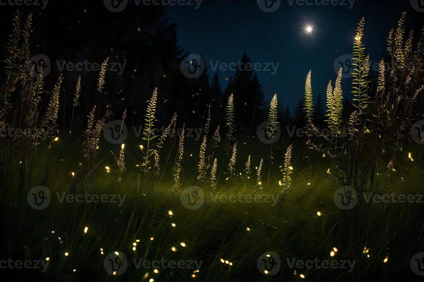 Fireflies in the grass at night photo