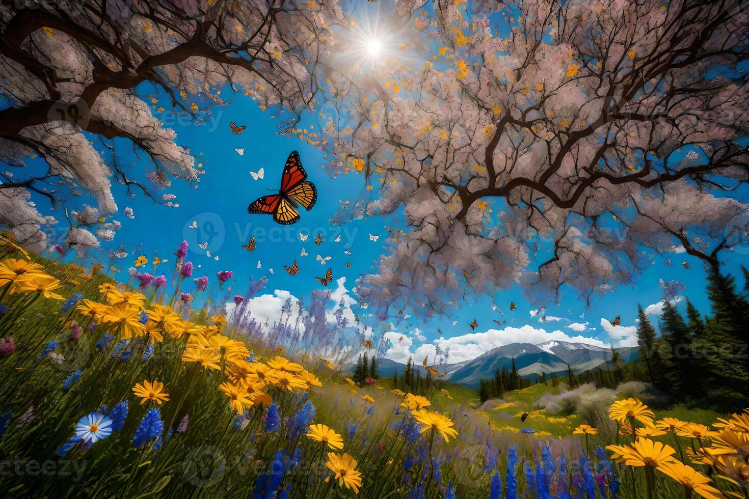 A butterfly flies over a field of flowers and trees photo