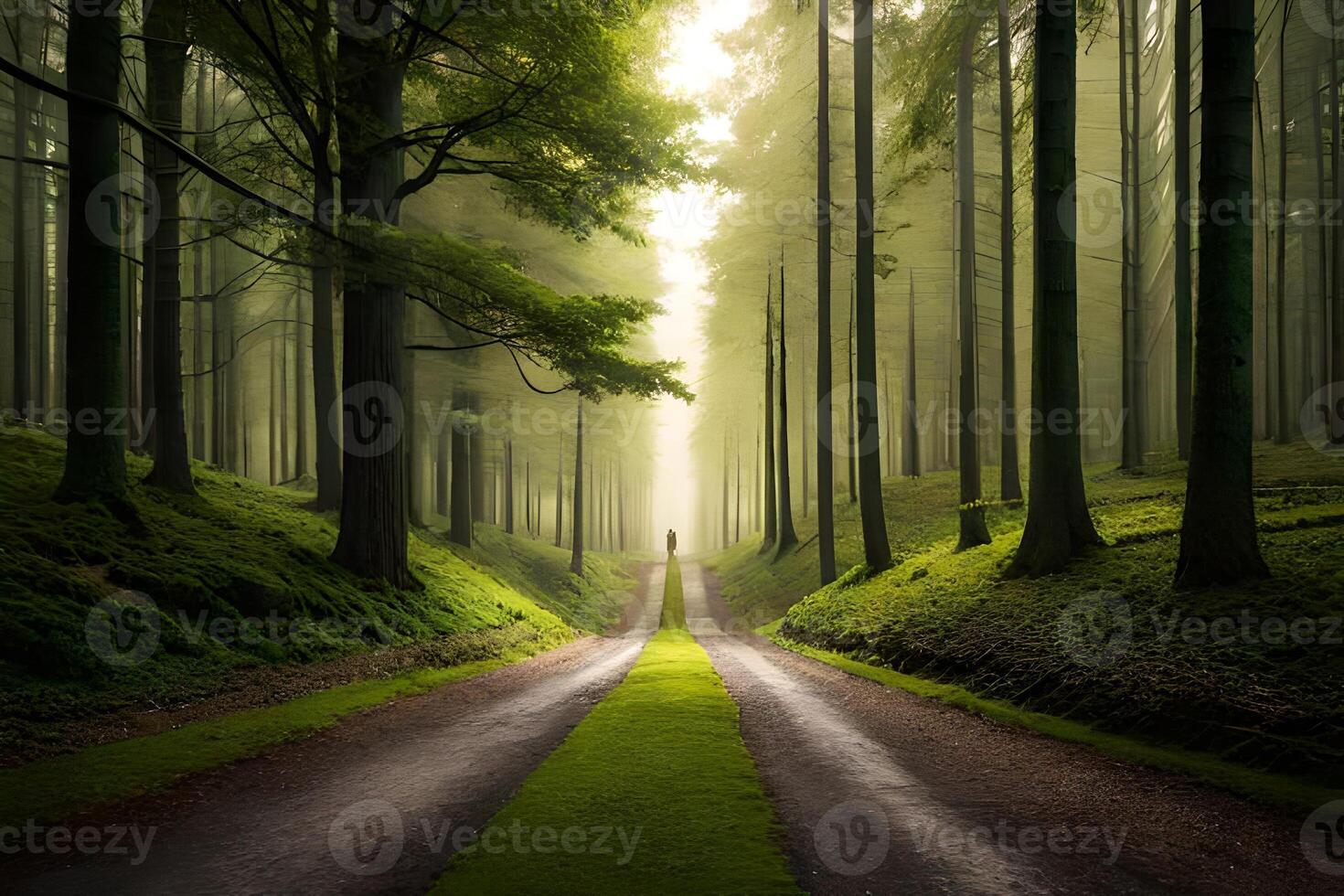 A road in the middle of a green forest photo