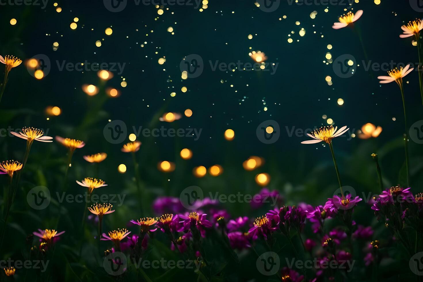 Fireflies in the night sky with flowers and grass photo