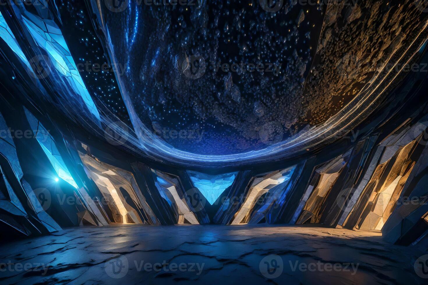 A dark room with blue lights and a large rock photo