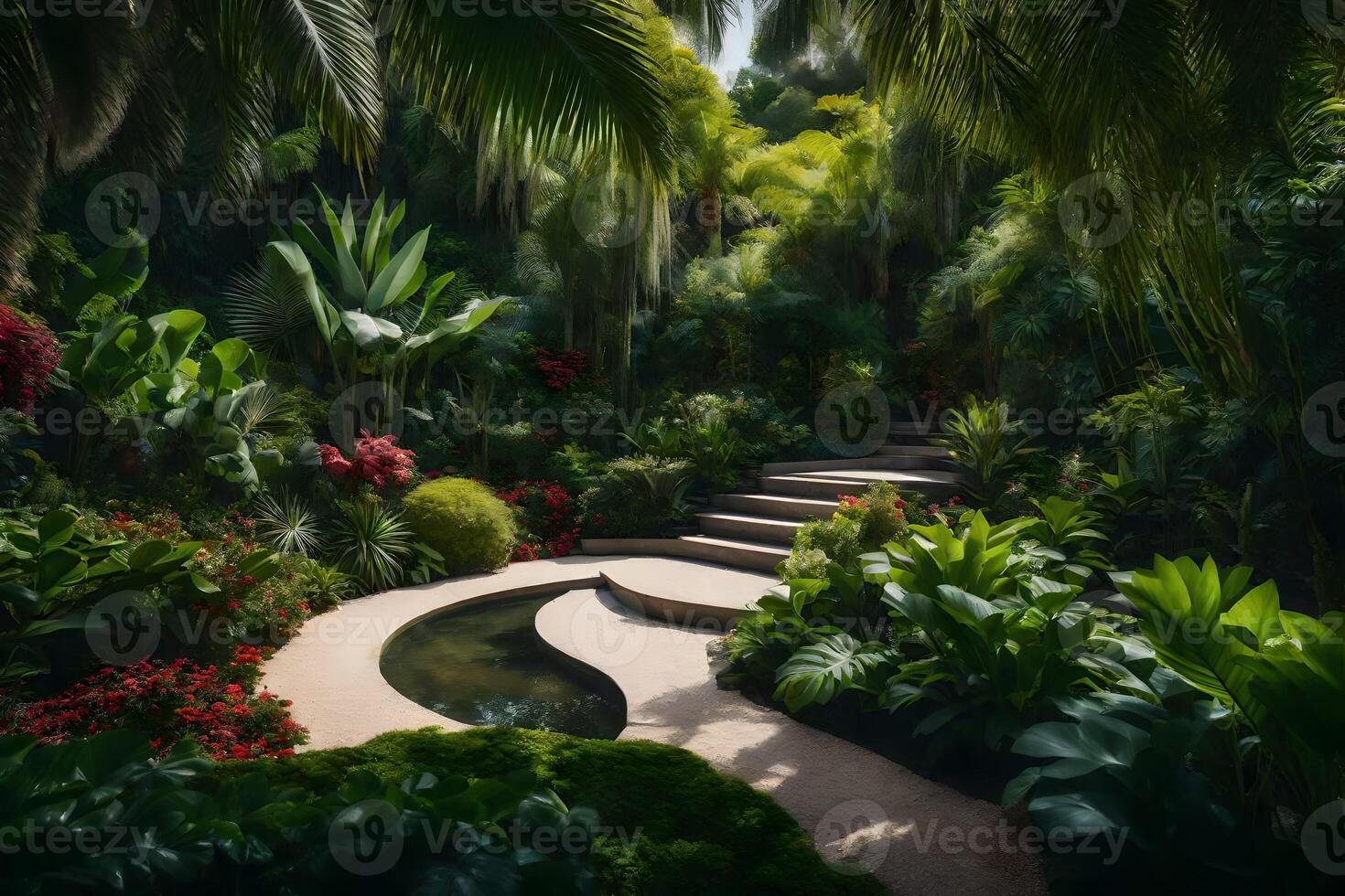 A tropical garden with a pathway leading to a pond photo
