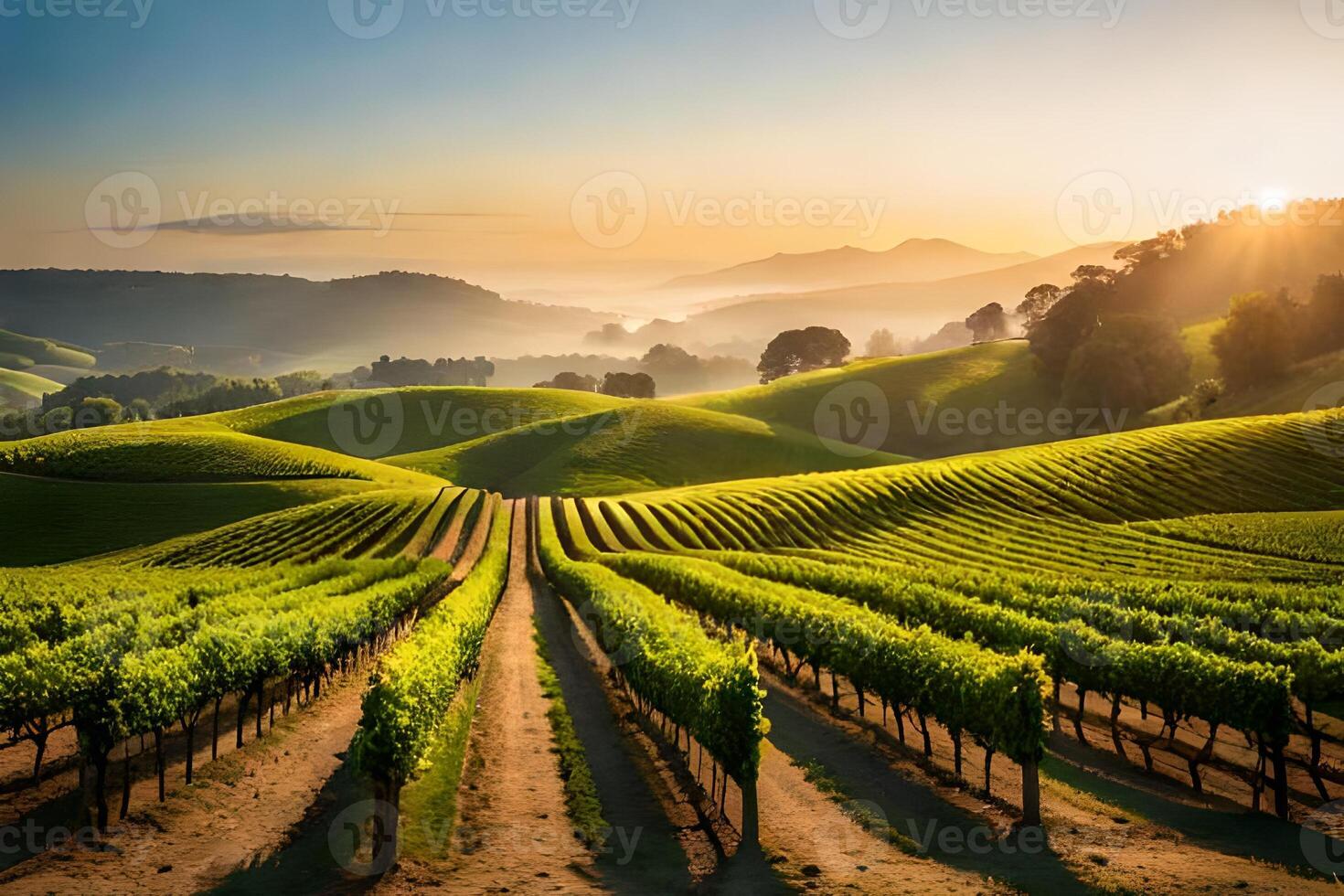 Vineyard fields at sunrise in california photo