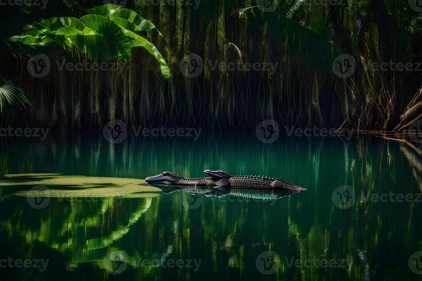 Two alligators swimming in the water near a tree photo