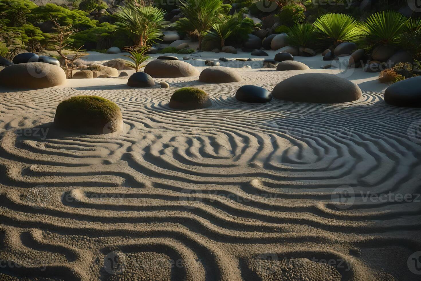 A sand garden with rocks and plants photo