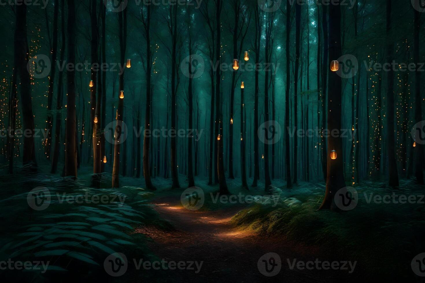 A path in the woods with lights on it photo