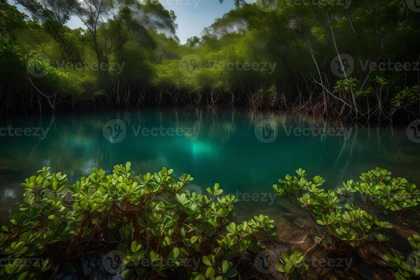 A blue pond surrounded by trees and plants photo