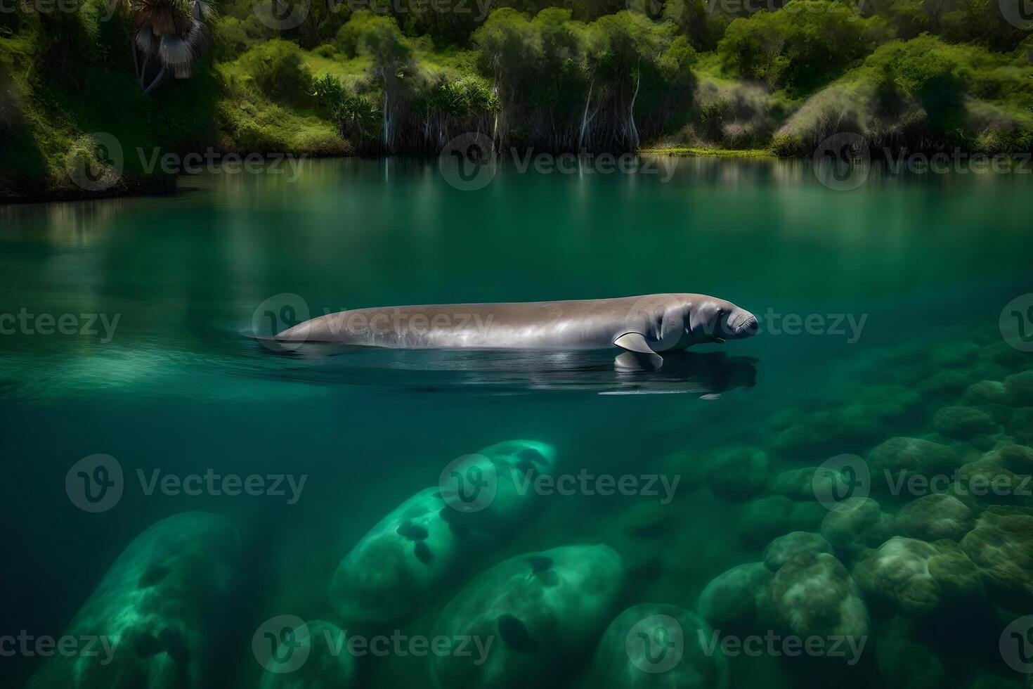 A manatee swimming in the water with a group of small fish photo