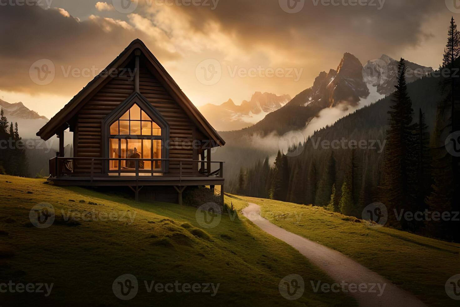 A cabin in the mountains with a path leading to it photo