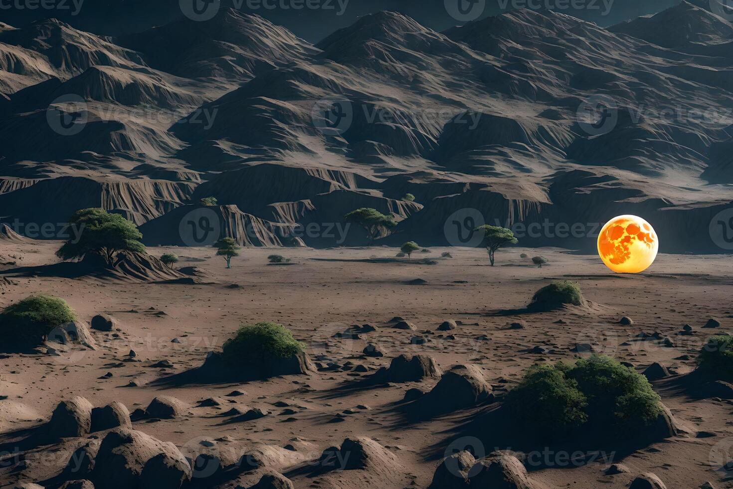 A desert landscape with a large orange ball in the middle photo
