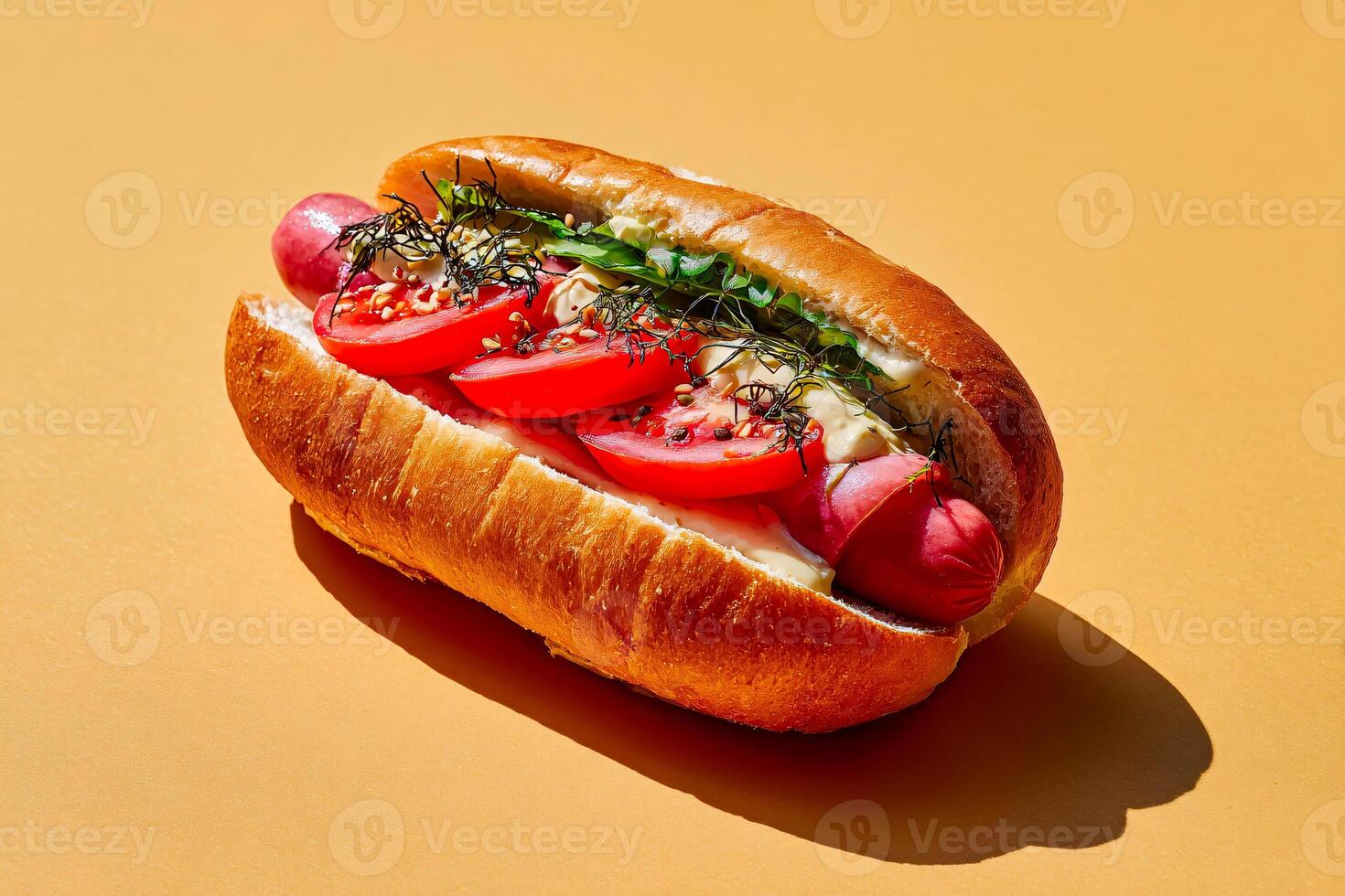 tempting sausage sandwich in the minimalist corner on a cream background photo