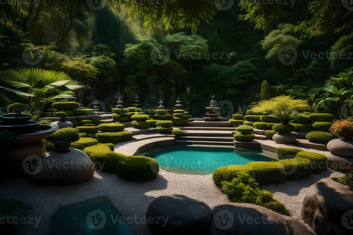 A garden with a pool surrounded by trees photo