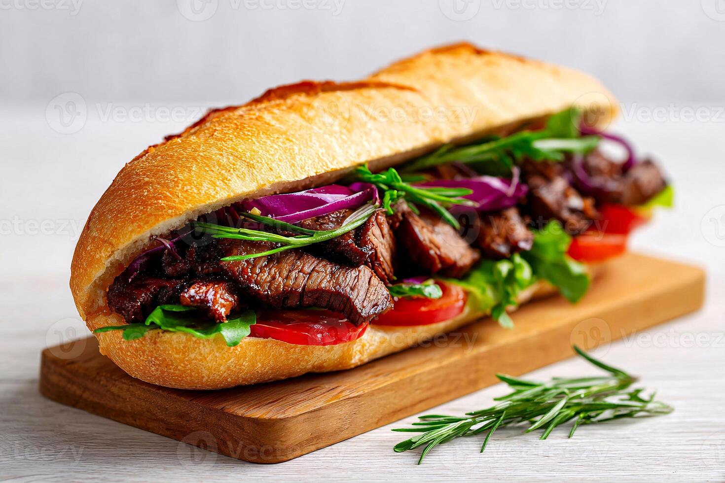 tempting steak sandwich in the rustic corner on a white background photo