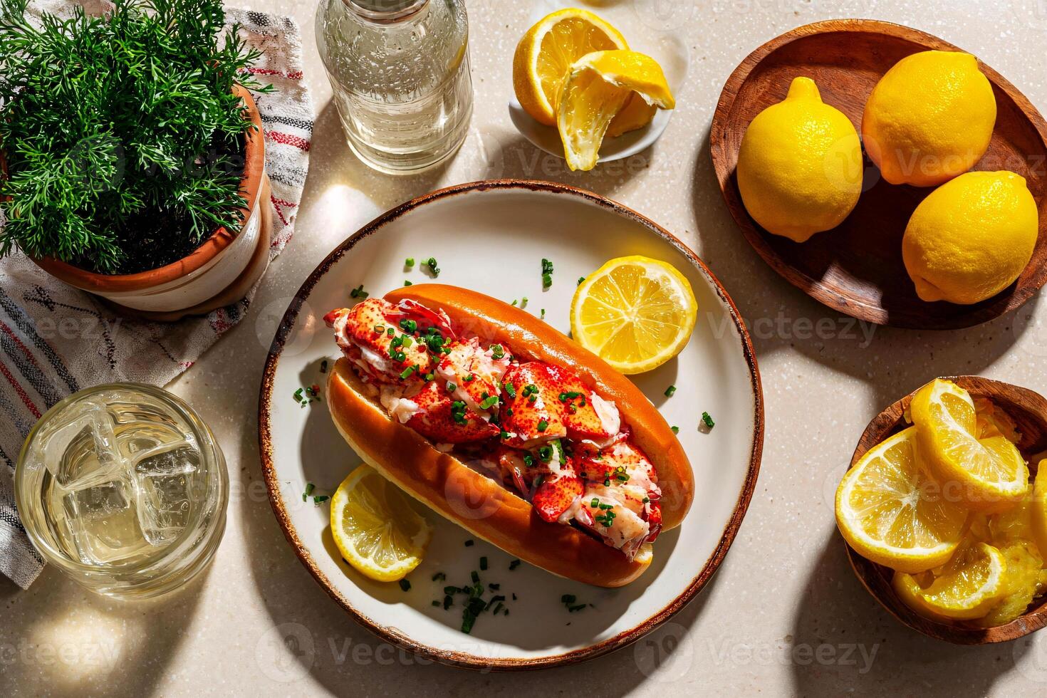 tempting lobster roll in the cozy corner on a cream background, in a clean food photography style photo