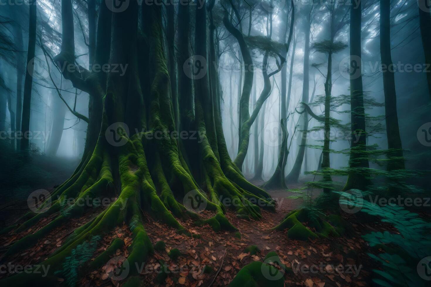 A forest with trees and moss photo
