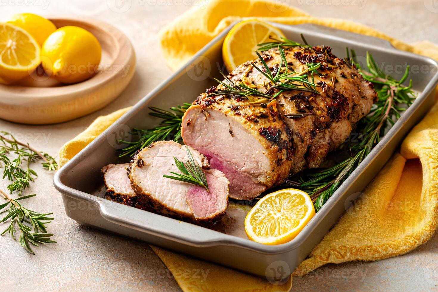 tempting roast pork italian in the minimalist corner on a pastel yellow background photo