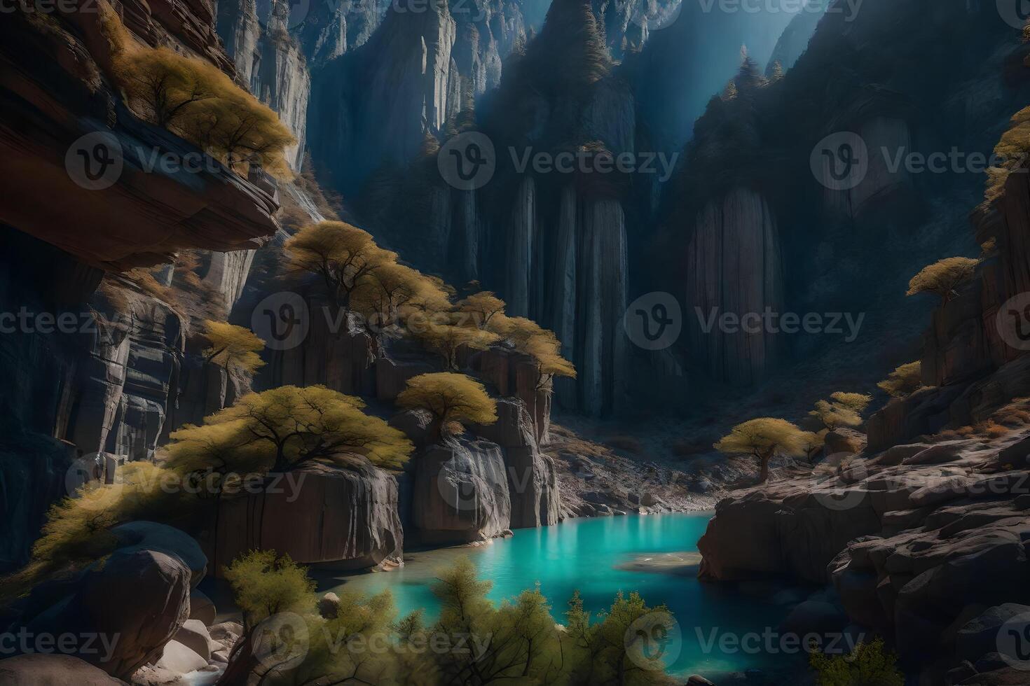 The canyon is filled with water and rocks photo