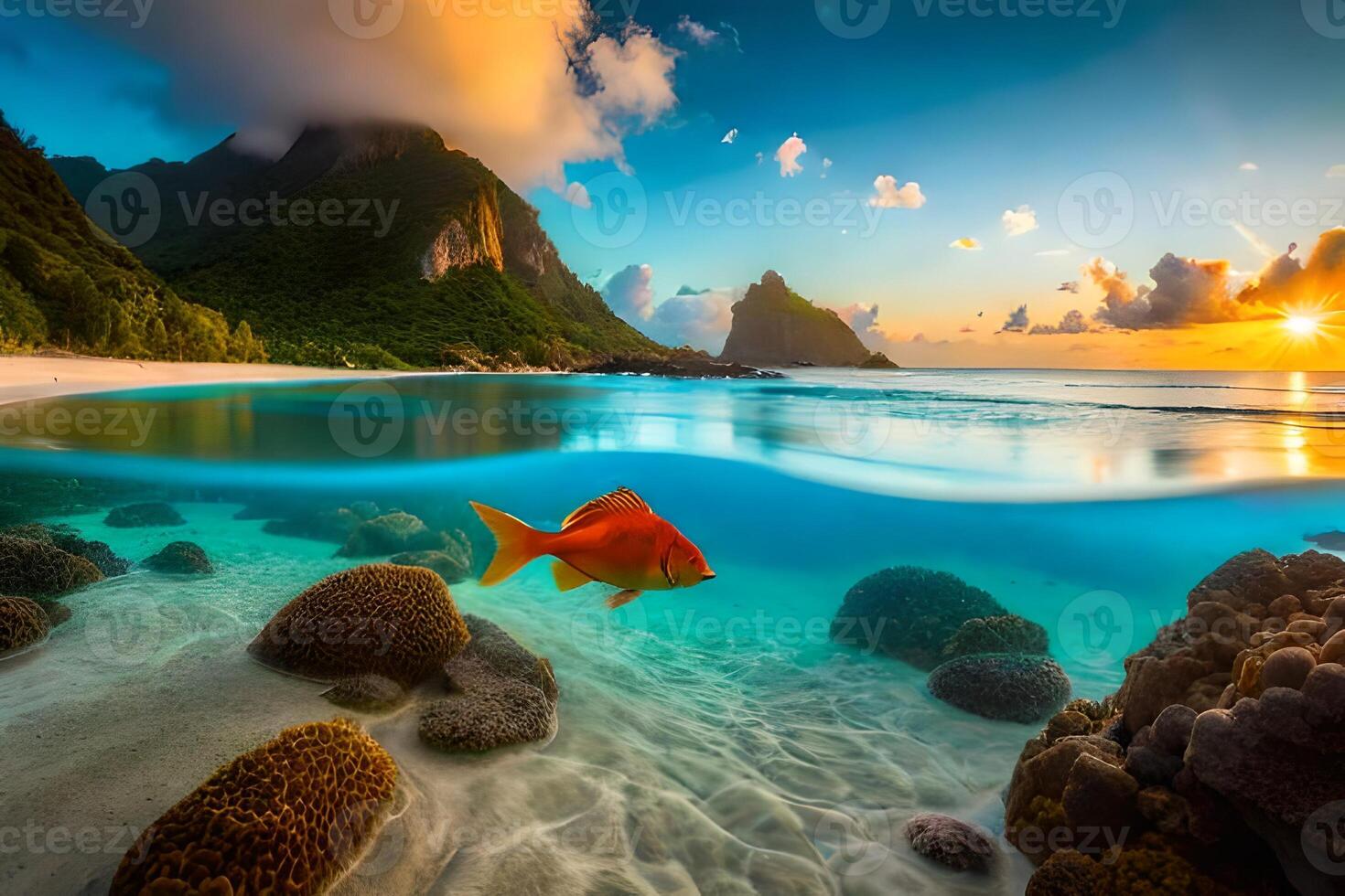 A fish swimming in the ocean at sunset photo