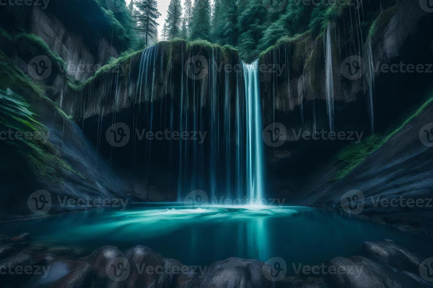 A waterfall in the forest with a blue pool photo