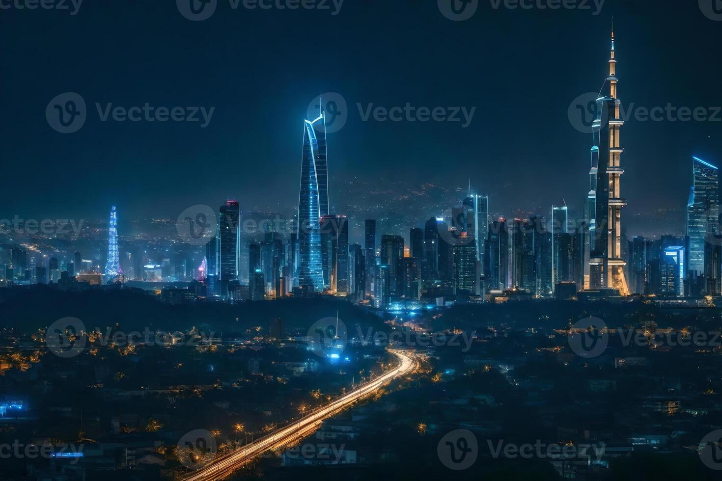 The city skyline at night with lights on photo