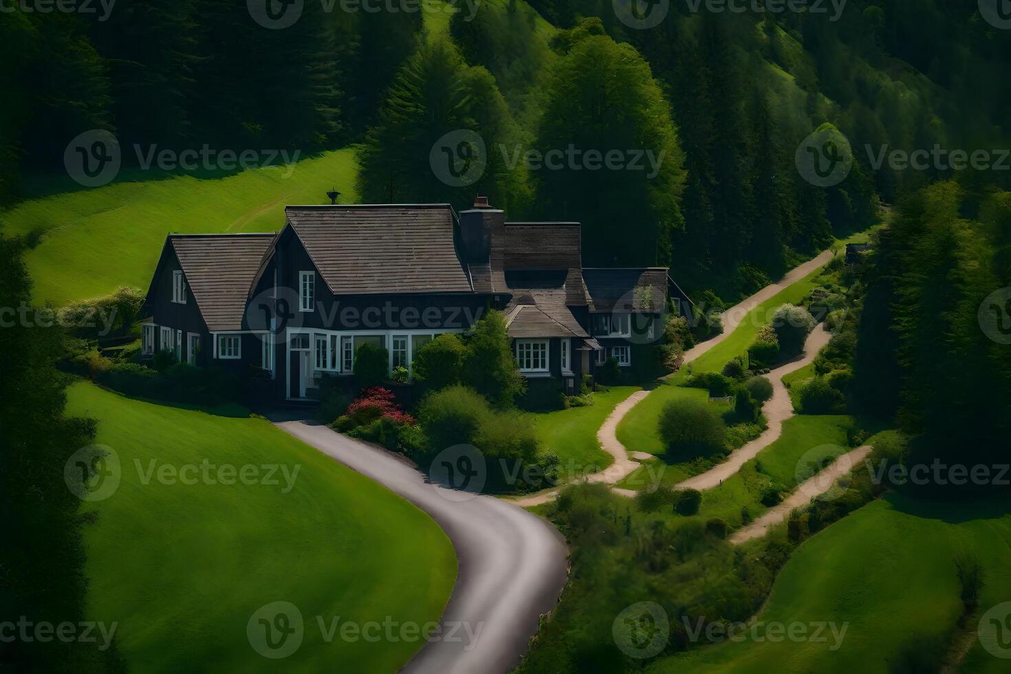 A house in the middle of a green field photo