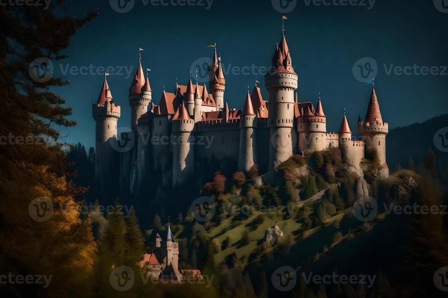 A castle sits on top of a hill with trees photo