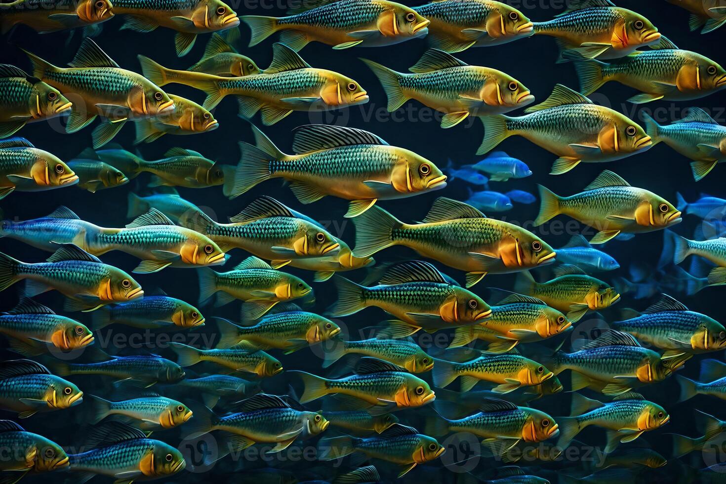 A large group of fish swimming in a dark tank photo