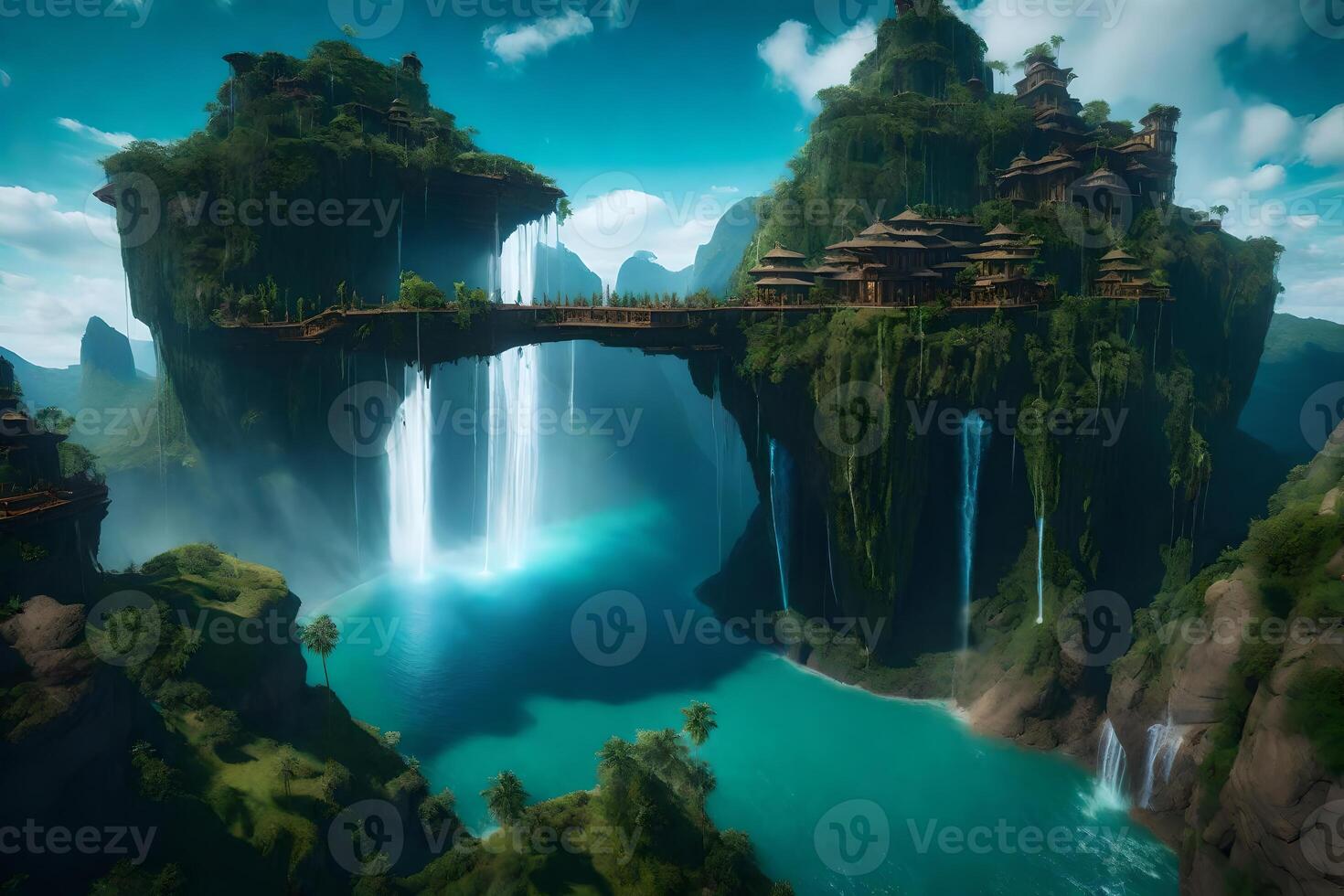 The island is surrounded by waterfalls and trees photo