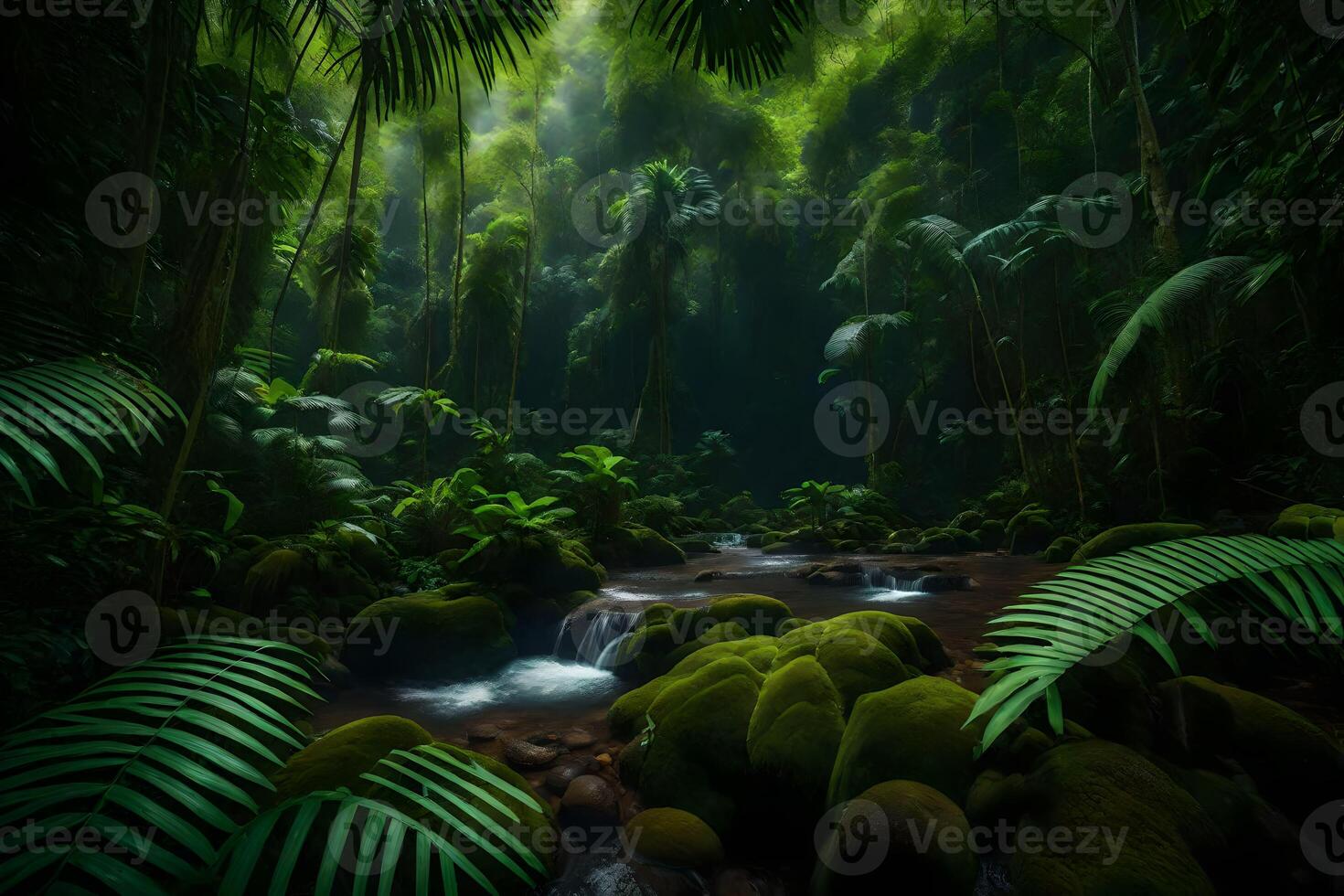 A tropical forest with water and plants photo