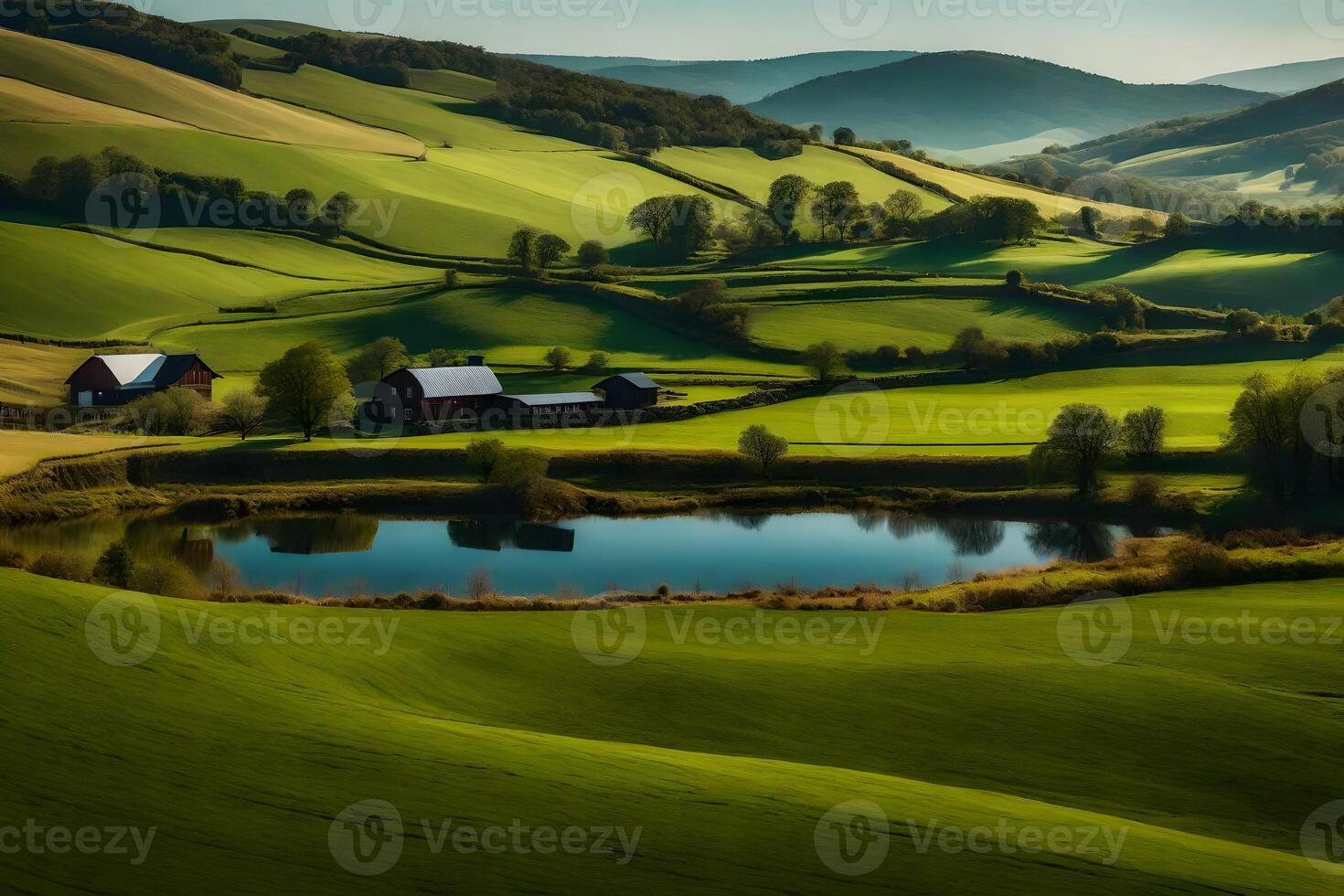 A farm in the middle of a green valley photo