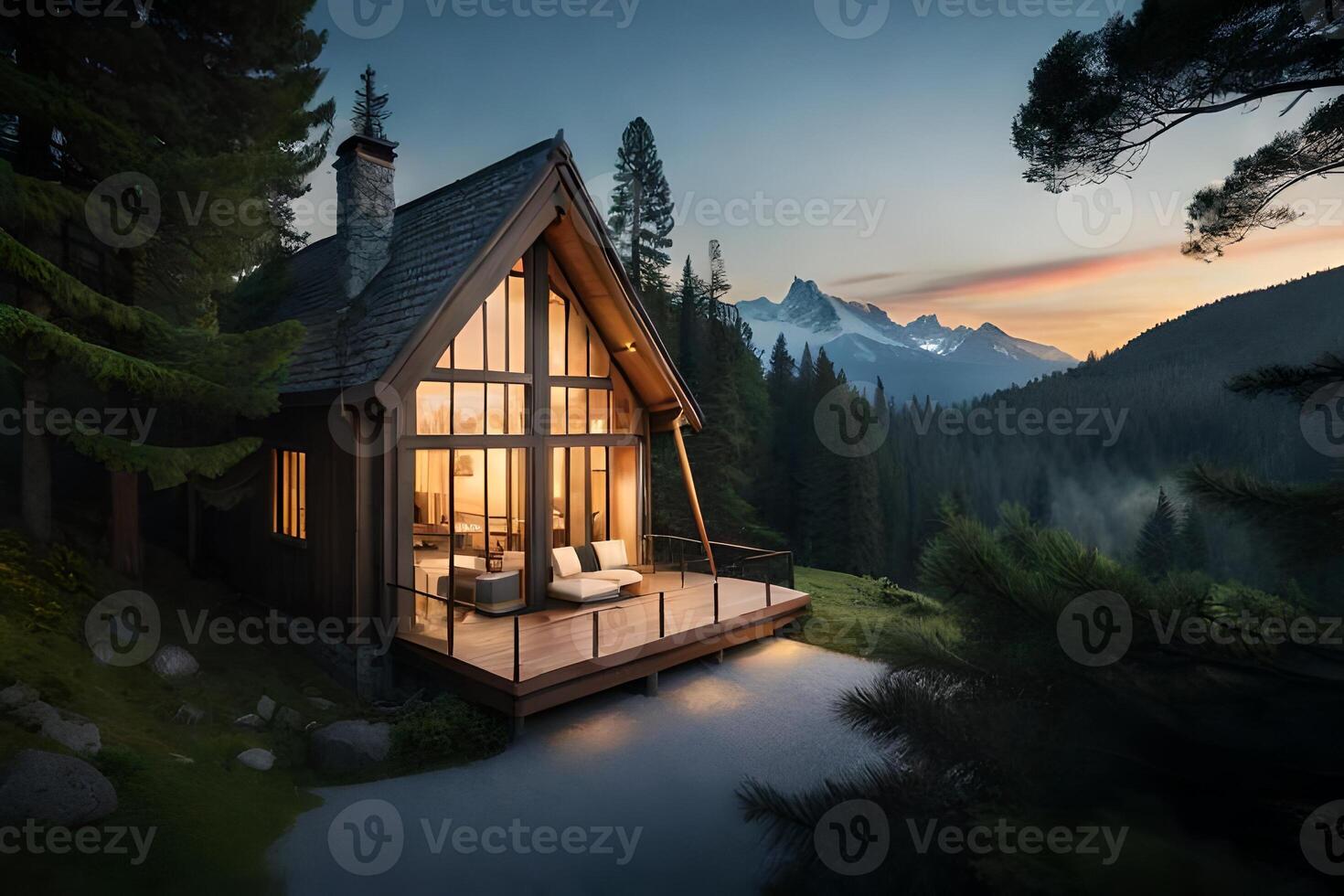 A cabin in the mountains at sunset photo