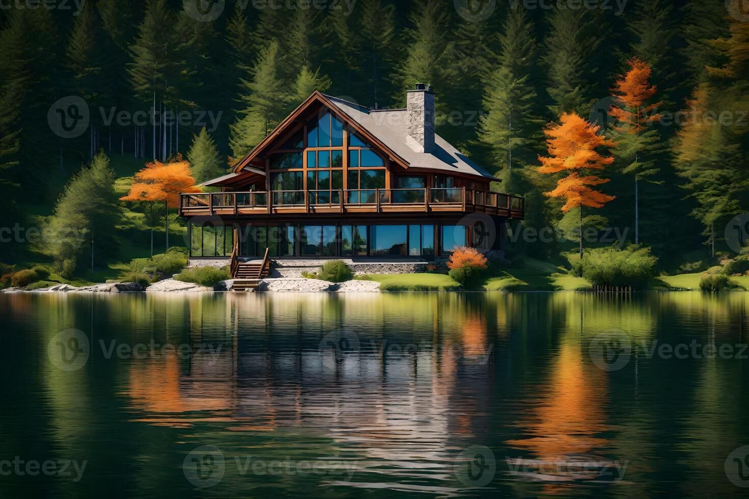 A house on a lake surrounded by trees photo