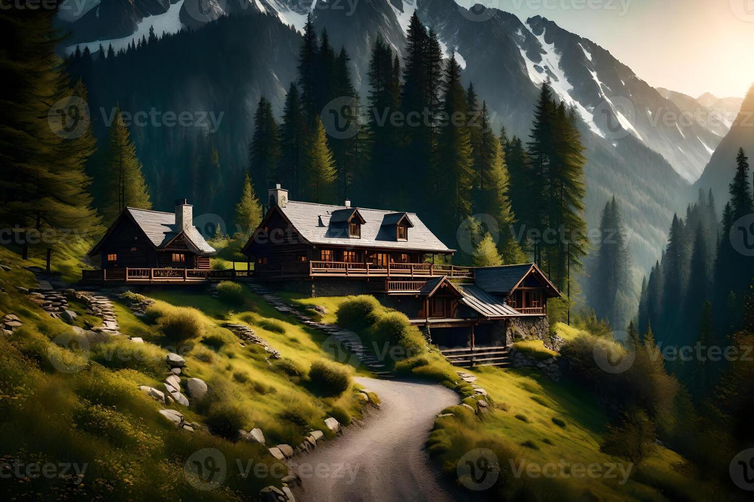 A mountain house in the mountains with a road leading to it photo