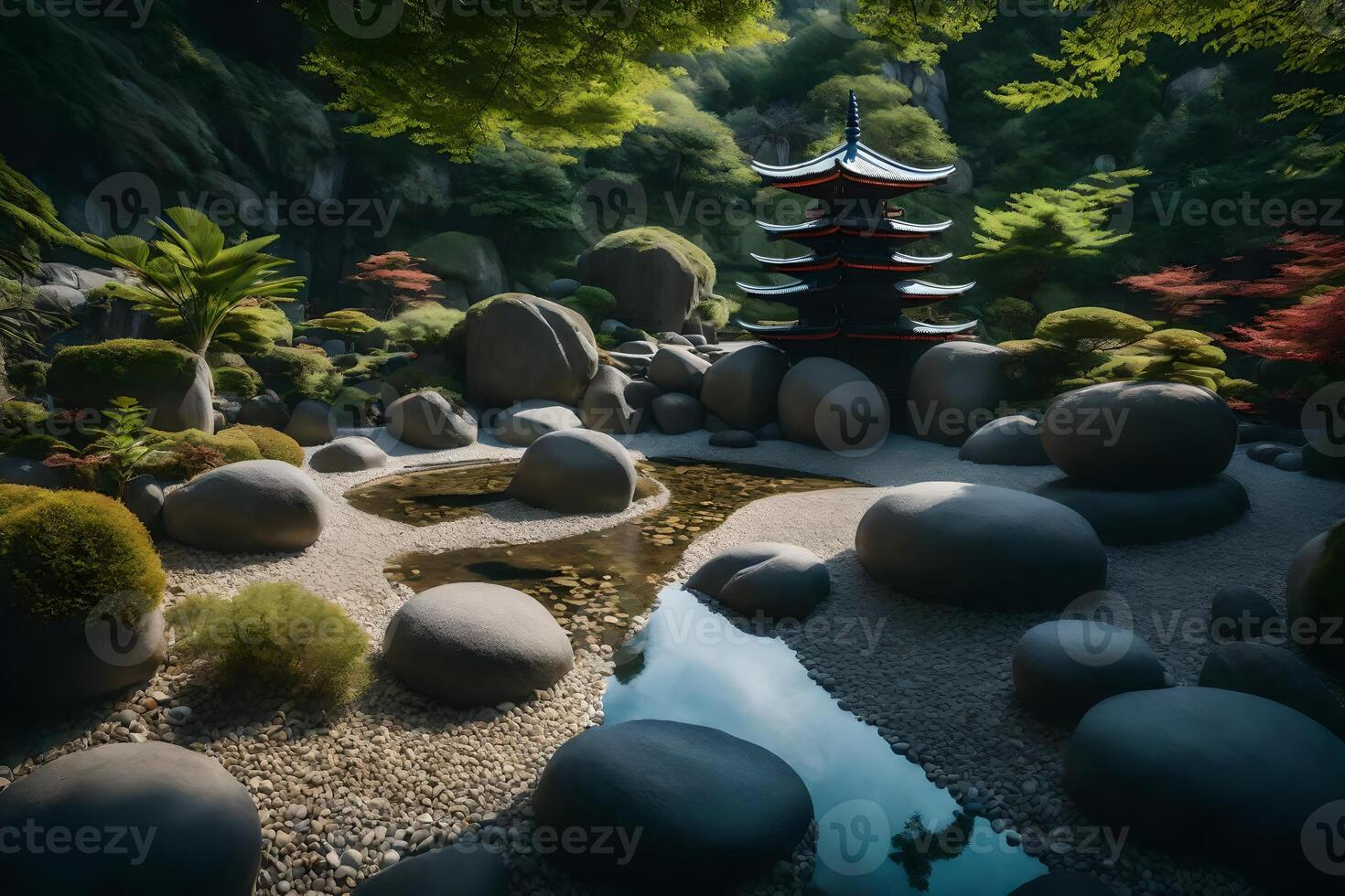 A japanese pagoda in a forest with rocks and water photo