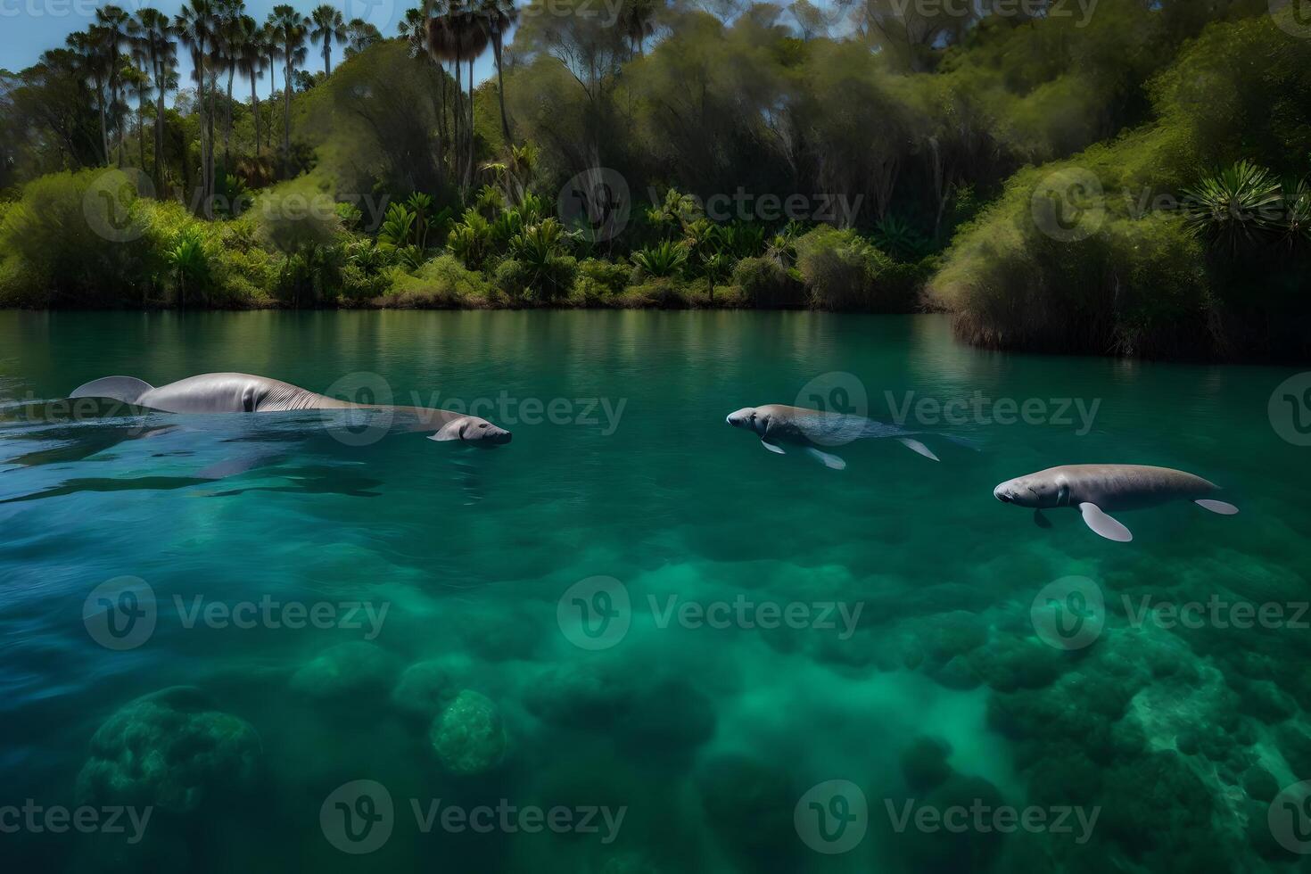 Three manatees swimming in the water near trees photo