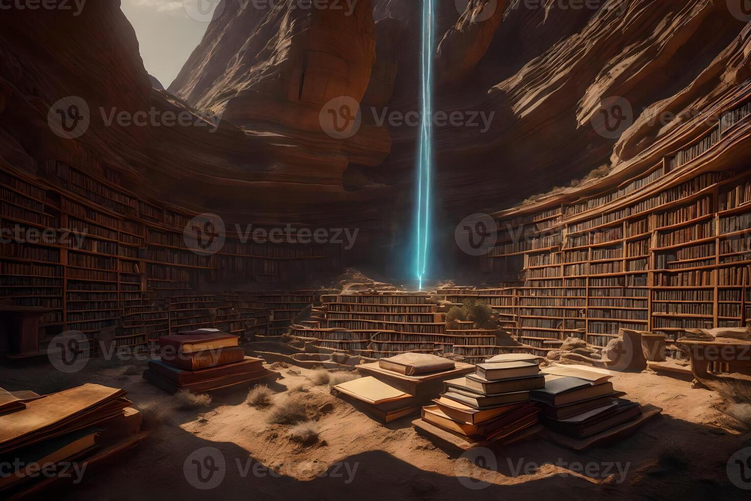 A library in the middle of a canyon with a waterfall photo