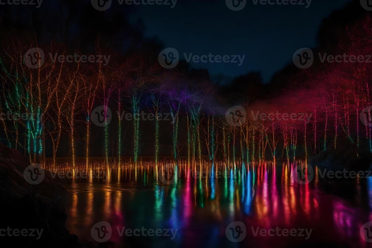 A forest lit up with colorful lights photo