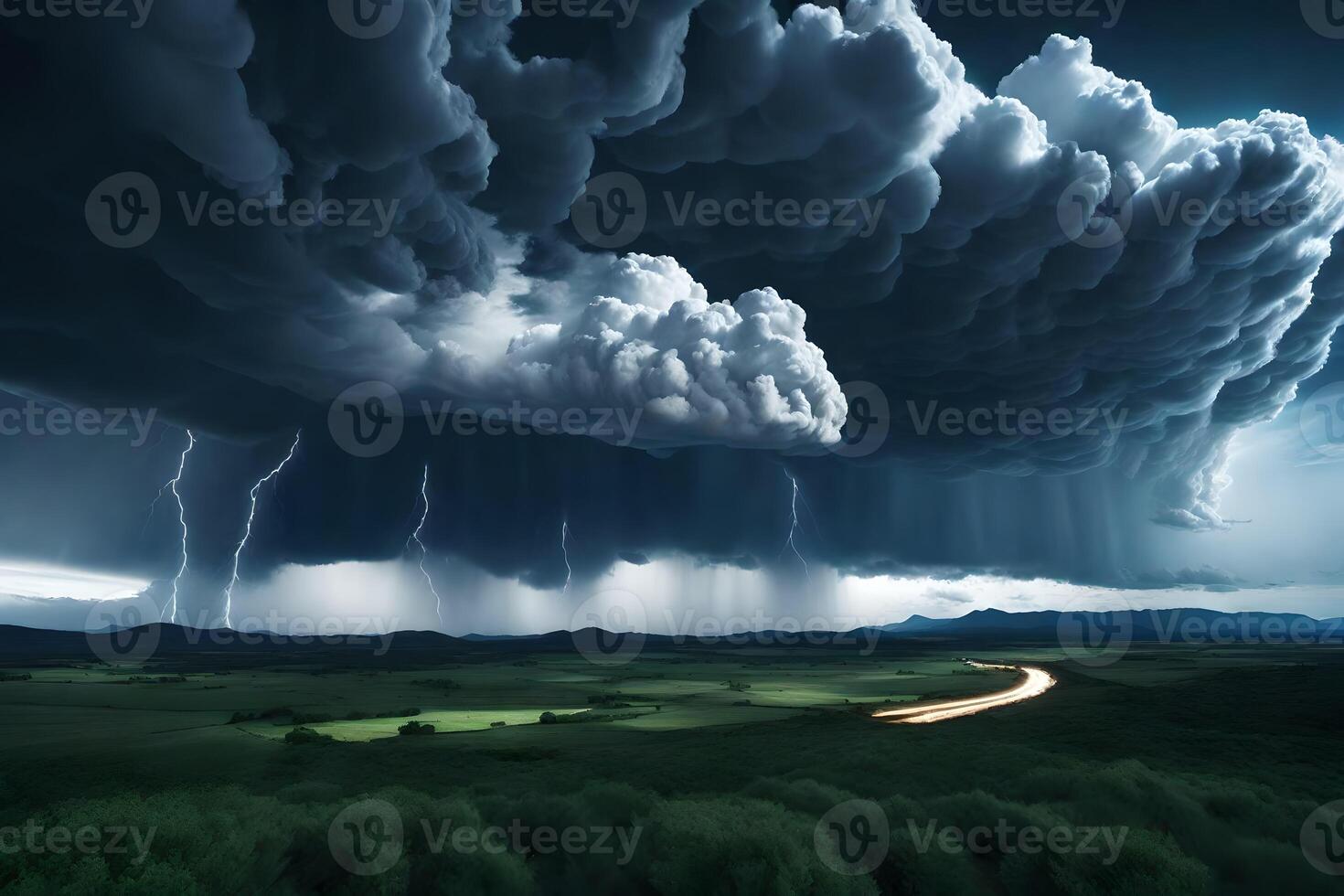 A stormy sky with lightning and clouds over a green field photo