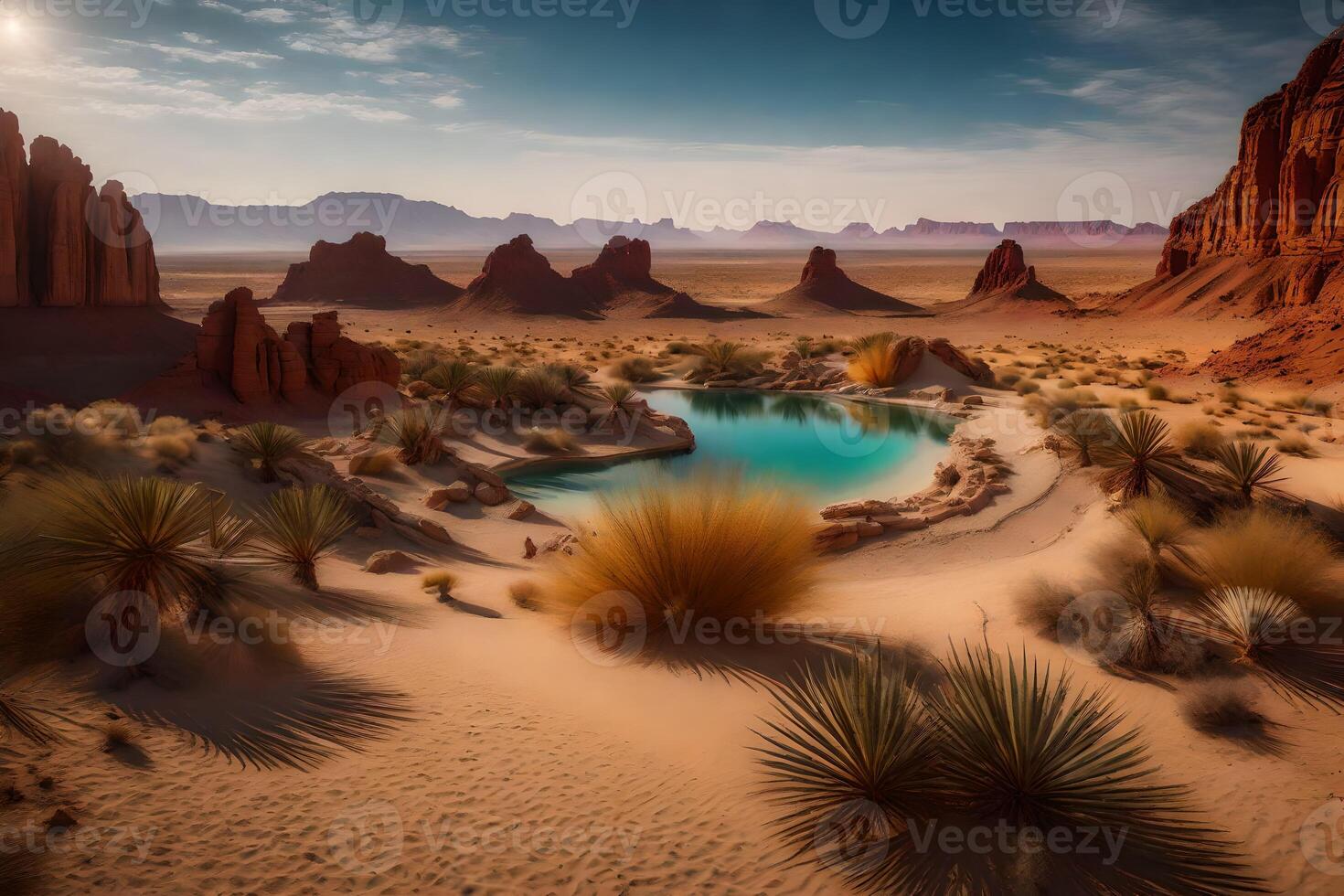 A desert landscape with a pool and palm trees photo