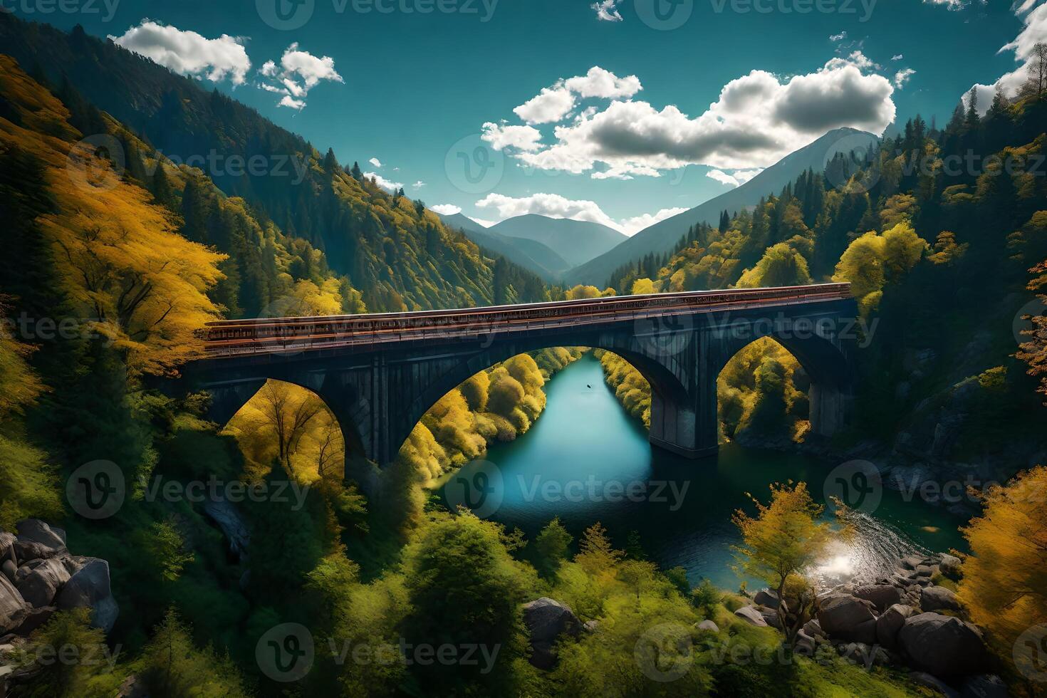 A train crossing a bridge over a river in the mountains photo