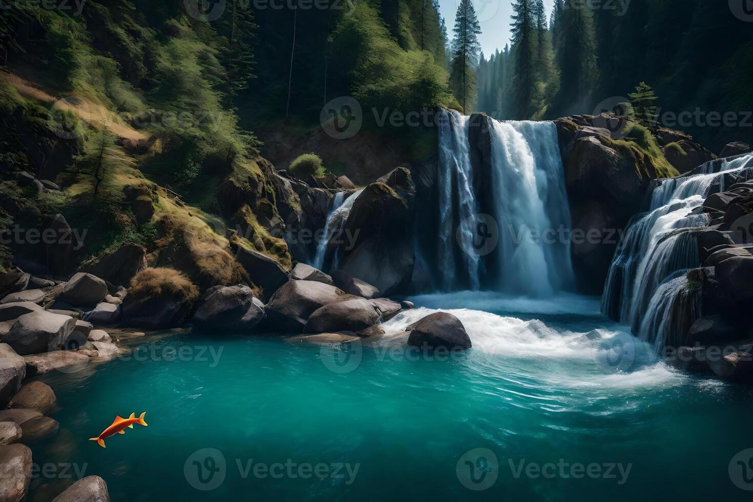 A small orange fish swims in front of a waterfall photo